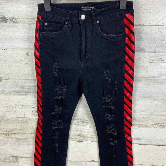 American Bazi Skinny Jeans Womens 5 Black Red Stripe Distressed High Waist - Picture 3 of 7